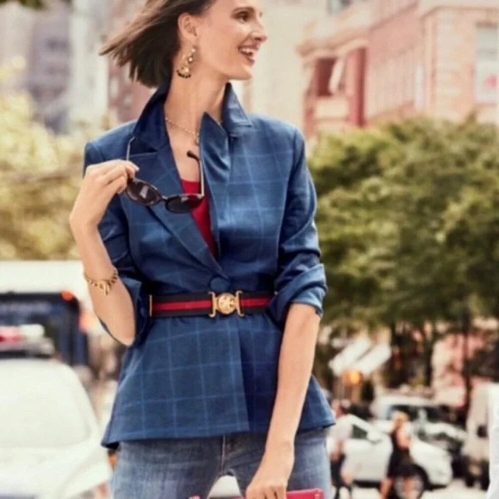 CABI Sunset Kiss Windowpane Ponte Blazer Navy Sz 8 #5475 NWOT